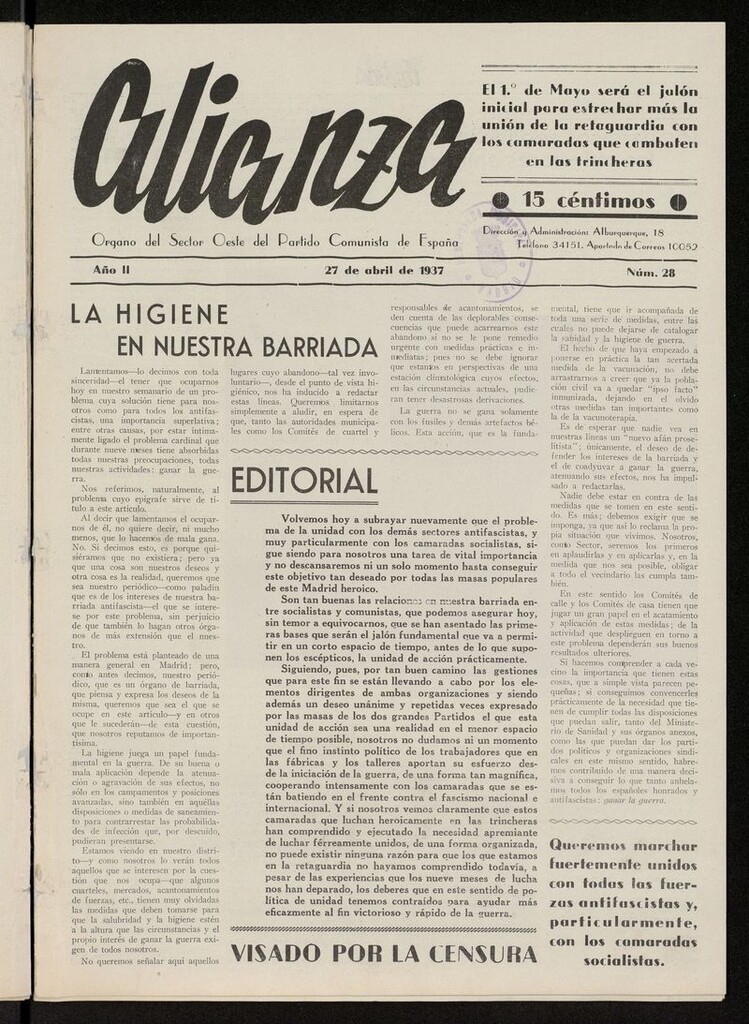 Miniatura de Alianza: semanario barriada Chamberí Partido Comunista del 27 de abril de 1937