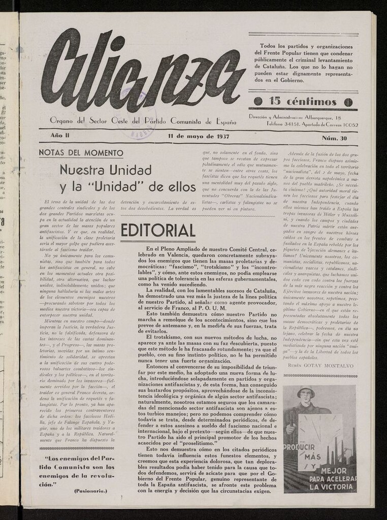 Miniatura de Alianza: semanario barriada Chamberí Partido Comunista del 11 de mayo de 1937
