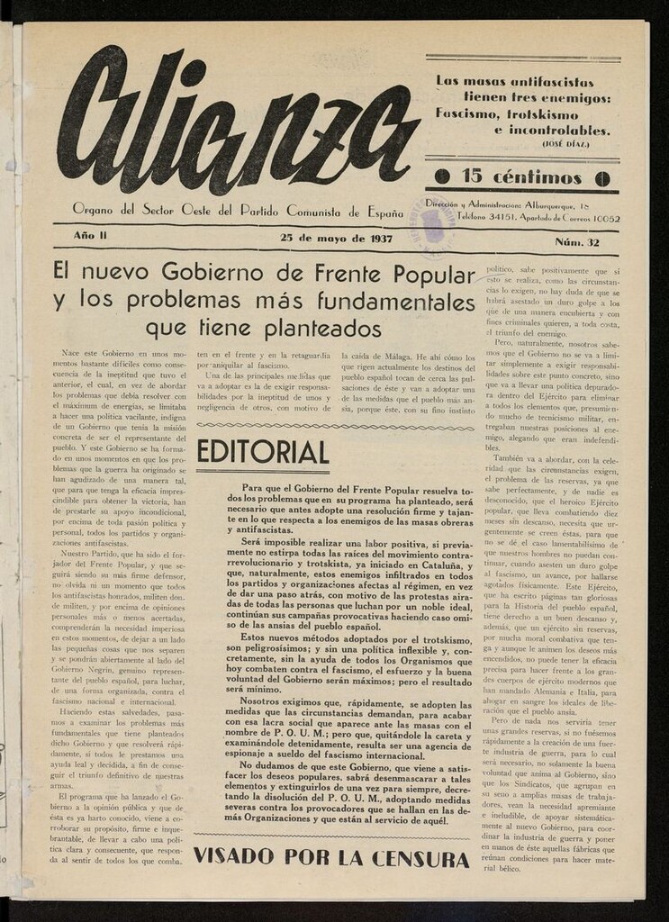 Miniatura de Alianza: semanario barriada Chamberí Partido Comunista del 25 de mayo de 1937