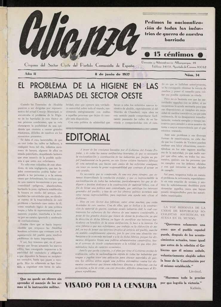 Miniatura de Alianza: semanario barriada Chamberí Partido Comunista del 8 de junio de 1937
