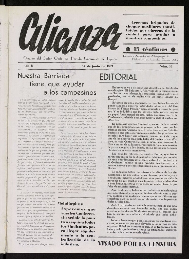 Miniatura de Alianza: semanario barriada Chamberí Partido Comunista del 15 de junio de 1937