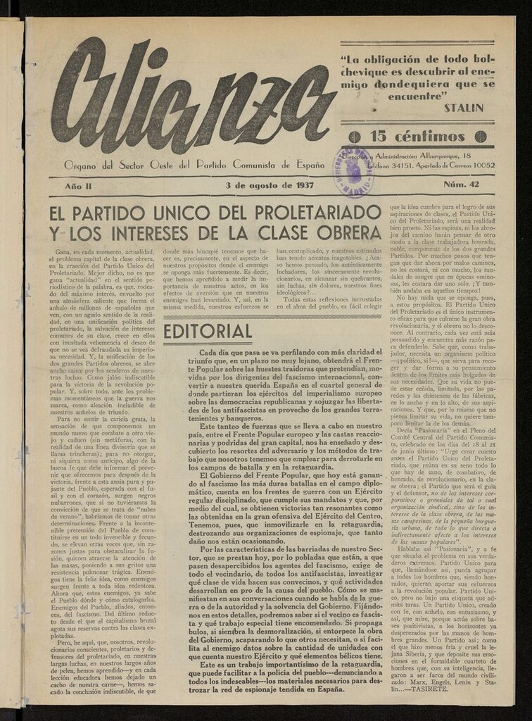 Miniatura de Alianza: semanario barriada Chamberí Partido Comunista del 3 de agosto de 1937