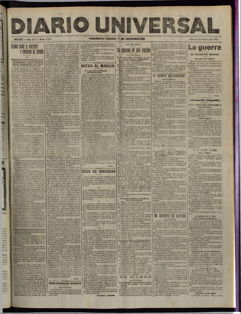 Miniatura de Diario Universal del 5 de febrero de 1918