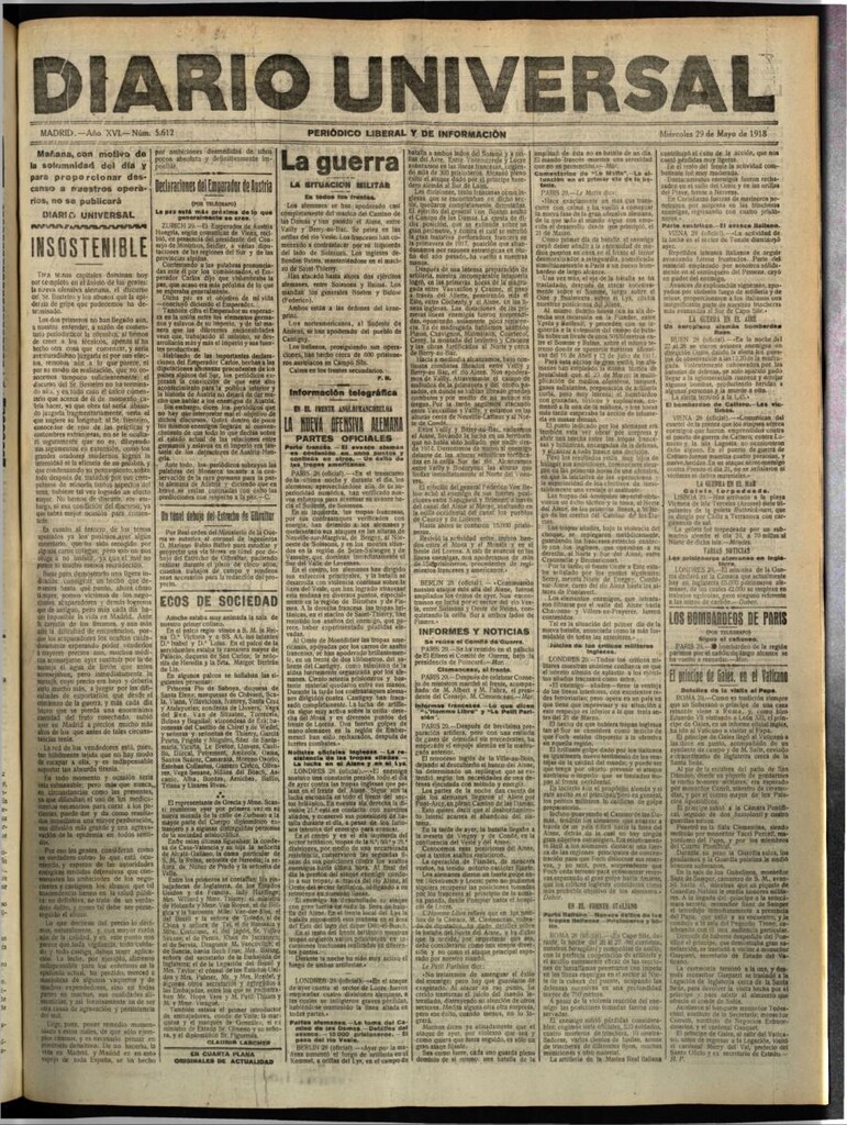 Miniatura de Diario Universal del 29 de mayo de 1918