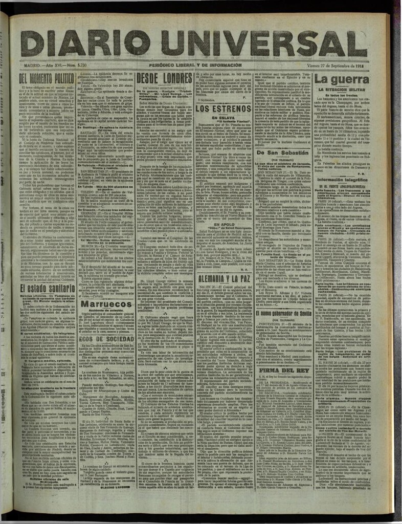 Miniatura de Diario Universal del 27 de septiembre de 1918