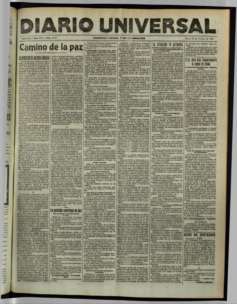Miniatura de Diario Universal del 29 de octubre de 1918