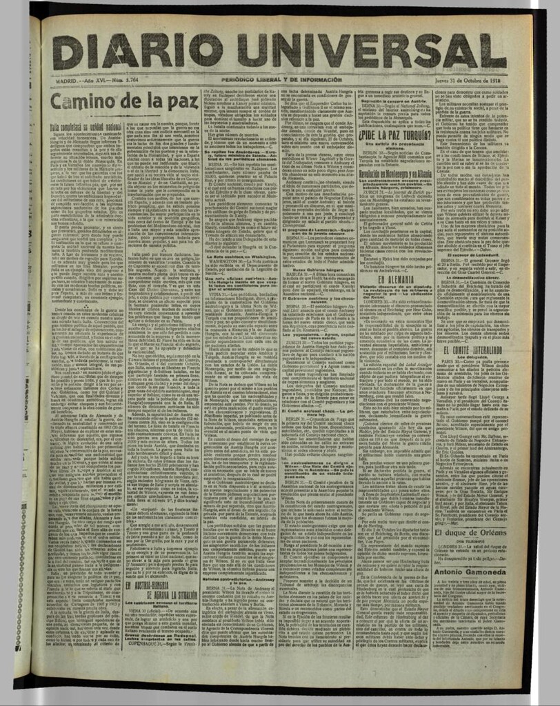 Miniatura de Diario Universal del 31 de octubre de 1918