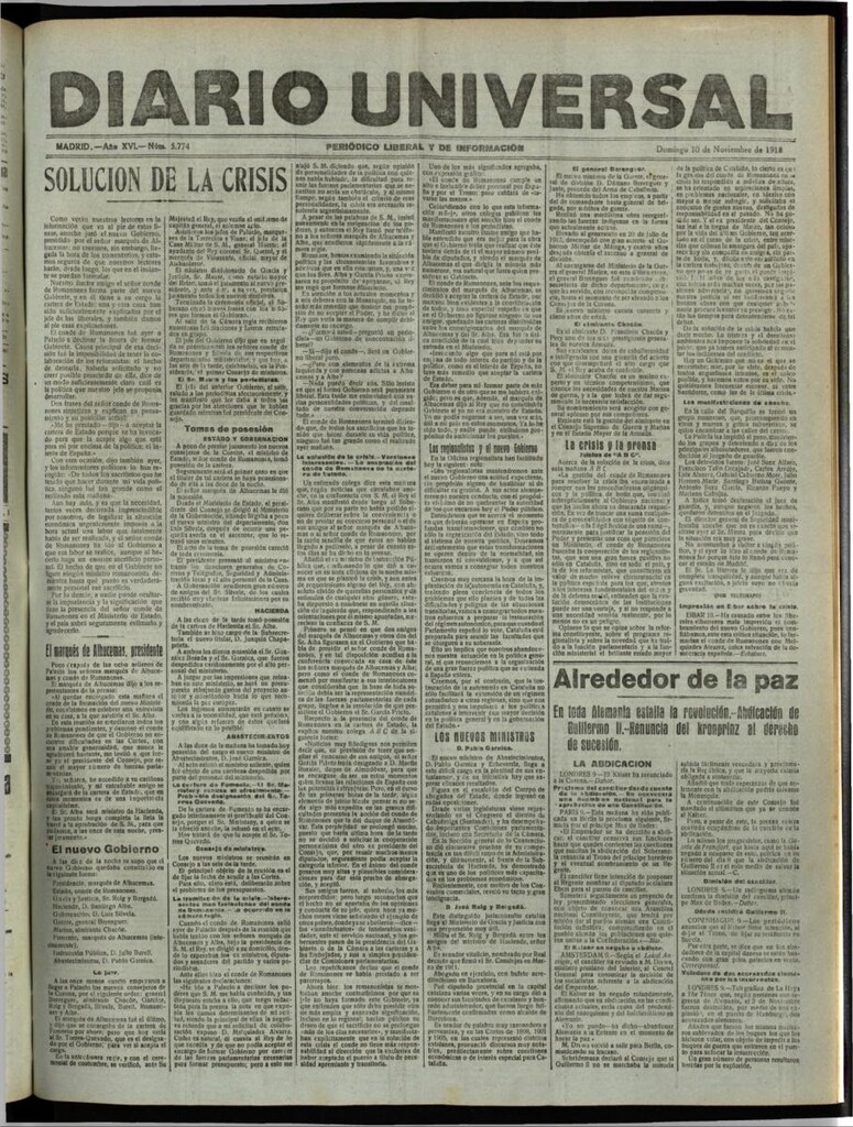 Miniatura de Diario Universal del 10 de noviembre de 1918