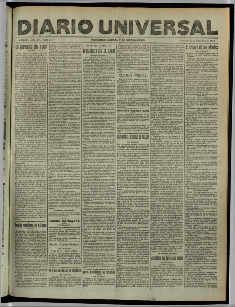 Miniatura de Diario Universal del 13 de noviembre de 1918