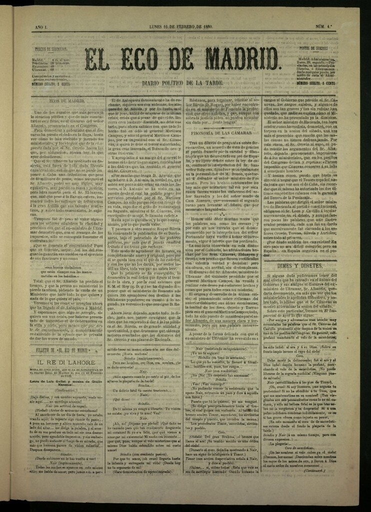 Miniatura de El Eco de Madrid : diario político de la tarde del 16 de febrero del 1880, nº 4
