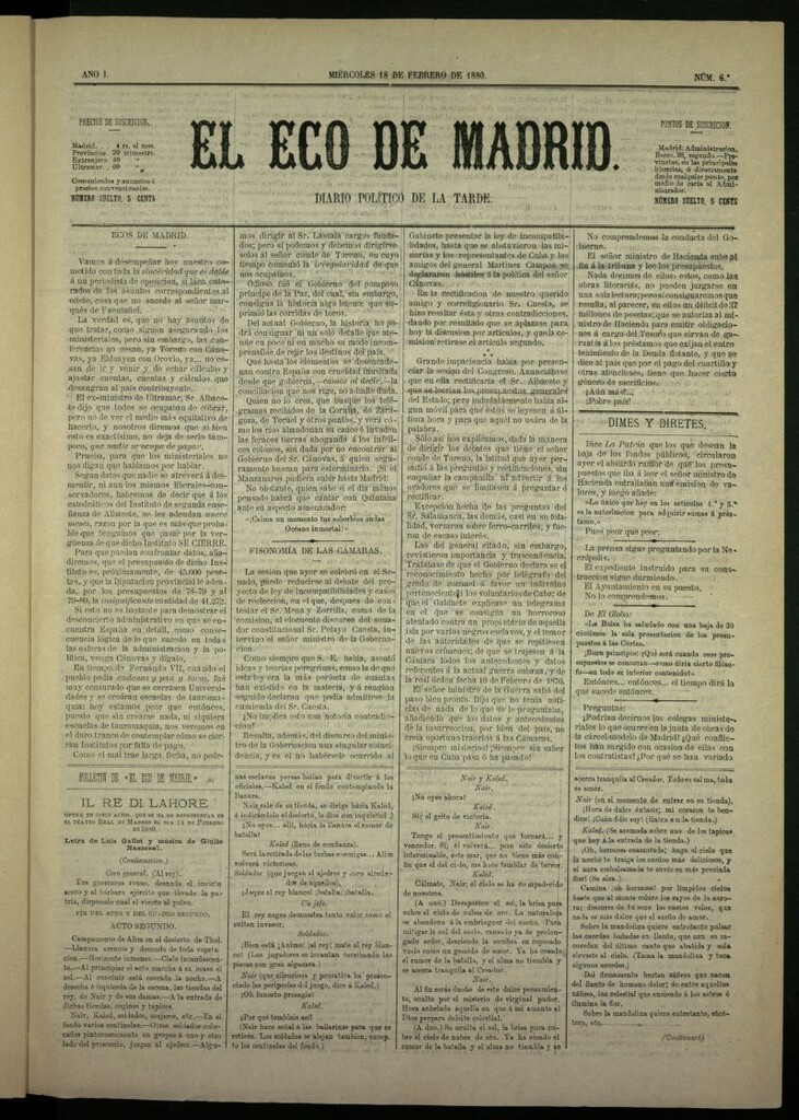Miniatura de El Eco de Madrid : diario político de la tarde del 18 de febrero de 1880, nº 6