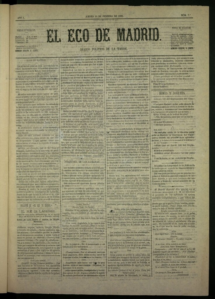 Miniatura de El Eco de Madrid : diario político de la tarde del 19 de febrero de 1880, nº 7