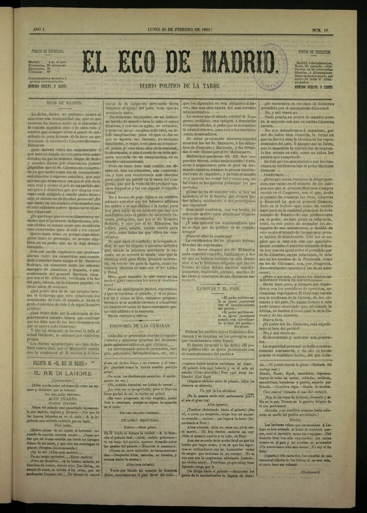 Miniatura de El Eco de Madrid : diario político de la tarde del 23 de febrero de 1880, nº 10