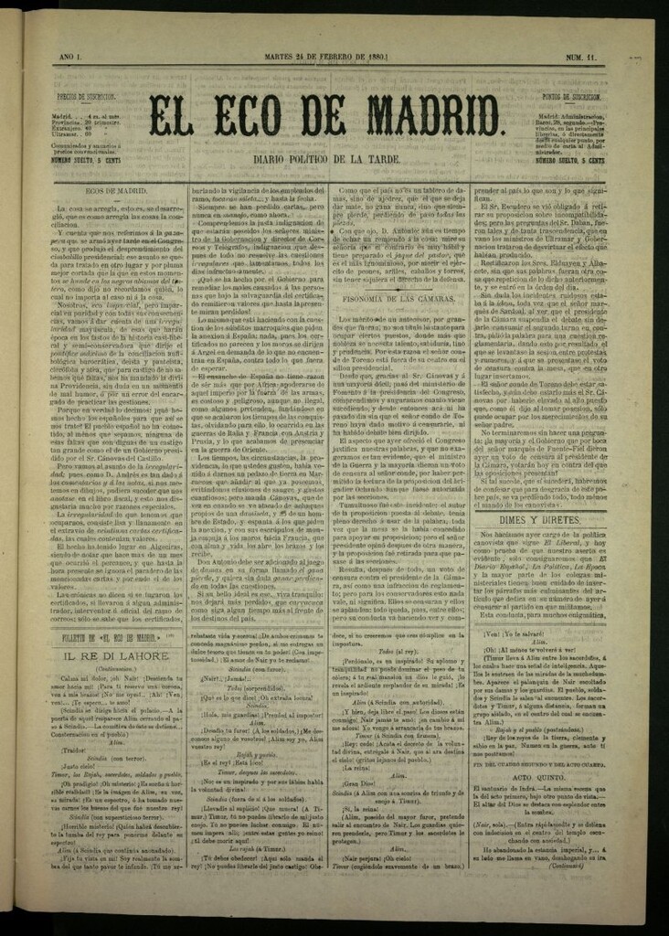 Miniatura de El Eco de Madrid : diario político de la tarde del 24 de febrero de 1880, nº 11