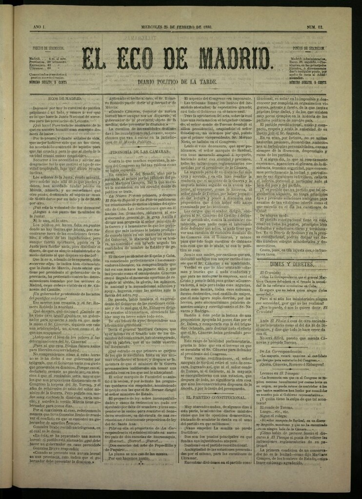 Miniatura de El Eco de Madrid : diario político de la tarde del 25 de febrero de 1880, nº 12