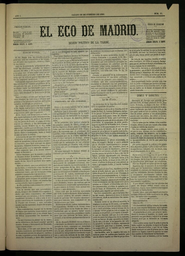 Miniatura de El Eco de Madrid : diario político de la tarde del 28 de febrero de 1880, nº 15