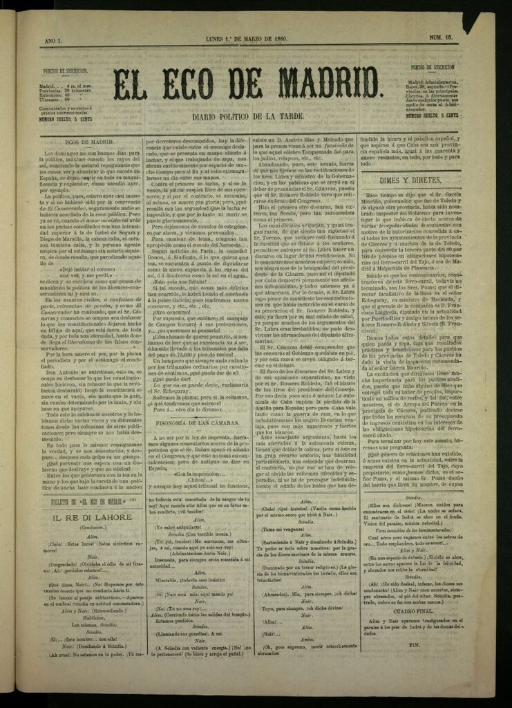 Miniatura de El Eco de Madrid : diario político de la tarde del 1 de marzo de 1880, nº 16