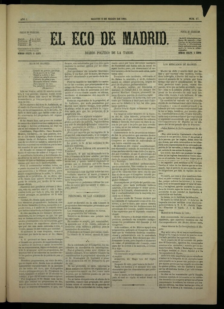 Miniatura de El Eco de Madrid : diario político de la tarde del 2 de marzo de 1880, nº 17