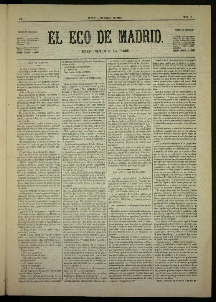 Miniatura de El Eco de Madrid : diario político de la tarde del 4 de marzo de 1880, nº 19