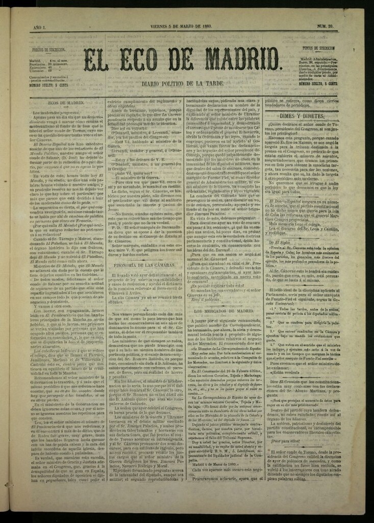 Miniatura de El Eco de Madrid : diario político de la tarde del 5 de marzo de 1880, nº 20
