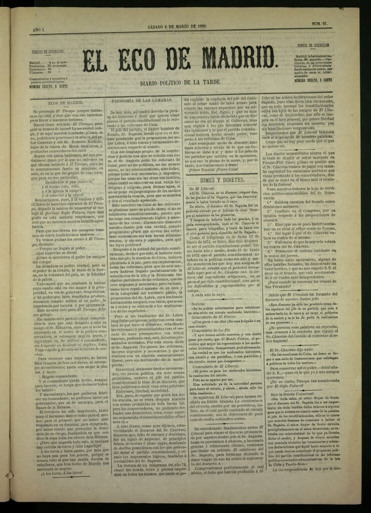 Miniatura de El Eco de Madrid : diario político de la tarde del 6 de marzo de 1880, nº 21