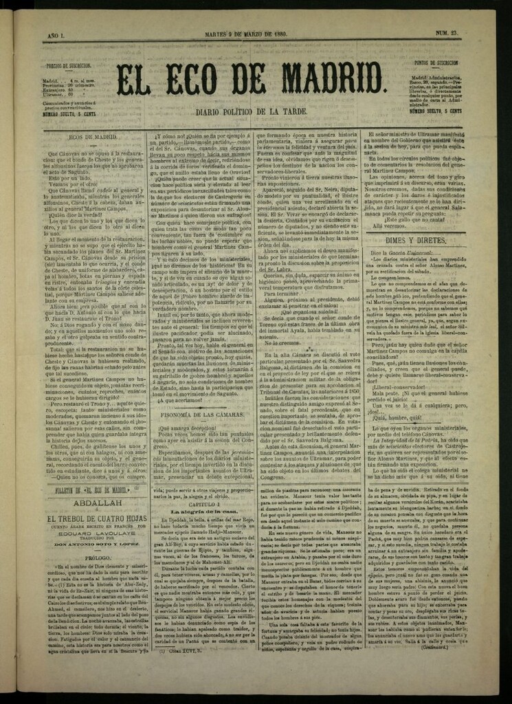 Miniatura de El Eco de Madrid : diario político de la tarde del 9 de marzo de 1880, nº 23