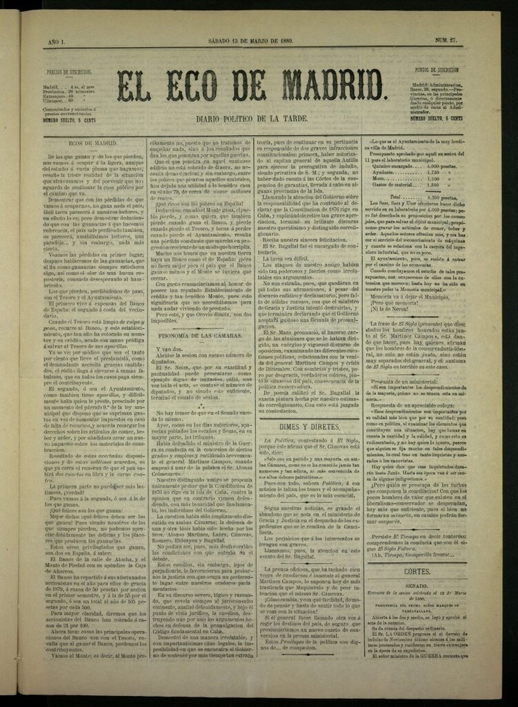 Miniatura de El Eco de Madrid : diario político de la tarde del 13 de marzo de 1880, nº 27