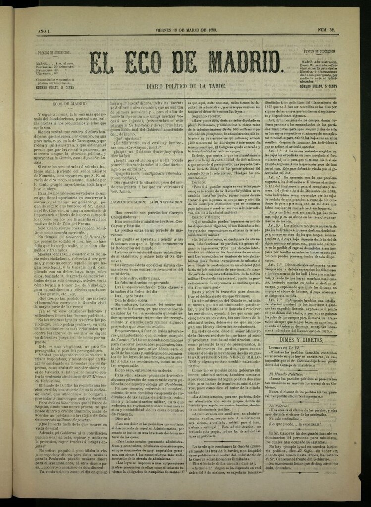 Miniatura de El Eco de Madrid : diario político de la tarde del 19 de marzo de 1880, nº 32