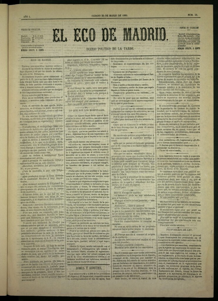 Miniatura de El Eco de Madrid : diario político de la tarde del 20 de marzo de 1880, nº 33