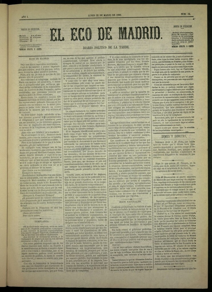 Miniatura de El Eco de Madrid : diario político de la tarde del 22 de marzo de 1880, nº 34