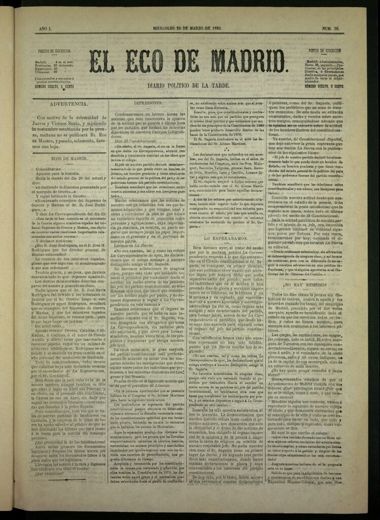 Miniatura de El Eco de Madrid : diario político de la tarde del 24 de marzo de 1880, nº 36
