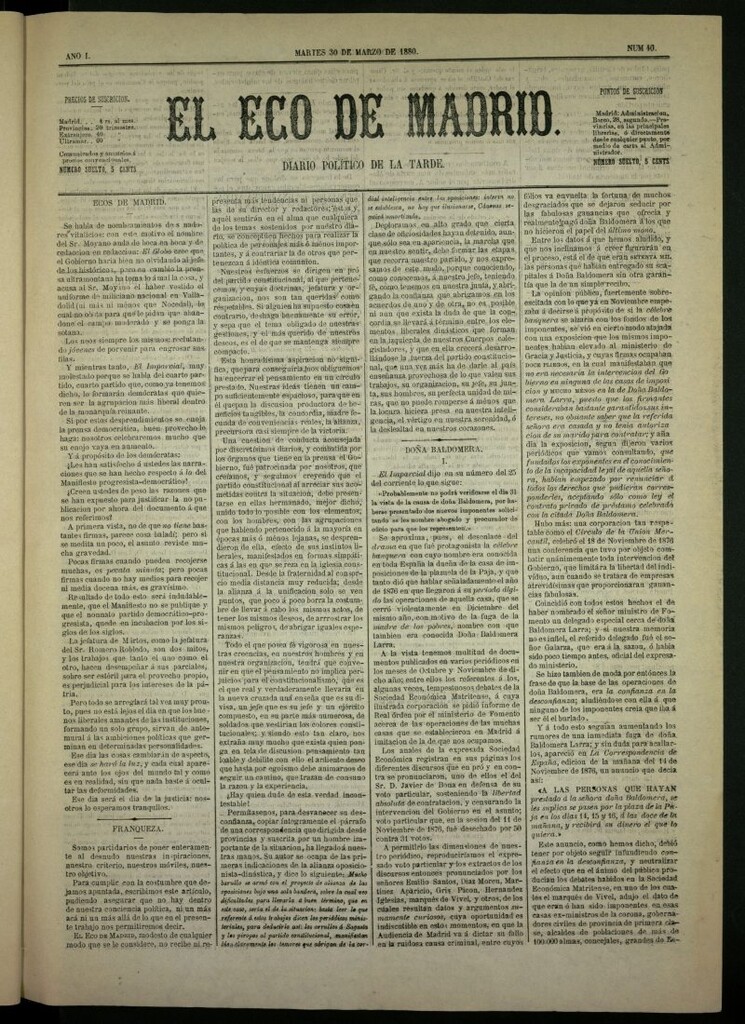 Miniatura de El Eco de Madrid : diario político de la tarde del 30 de marzo de 1880, nº 40