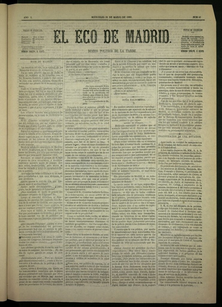 Miniatura de El Eco de Madrid : diario político de la tarde del 31 de marzo de 1880, nº 41