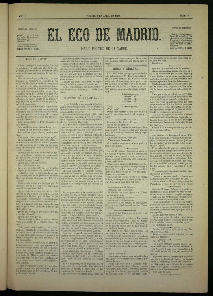 Miniatura de El Eco de Madrid : diario político de la tarde del 2 de abril de 1880, nº 43