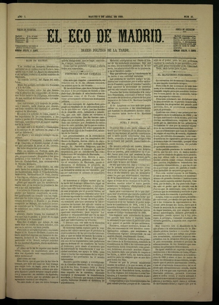 Miniatura de El Eco de Madrid : diario político de la tarde del 6 de abril de 1880, nº 46