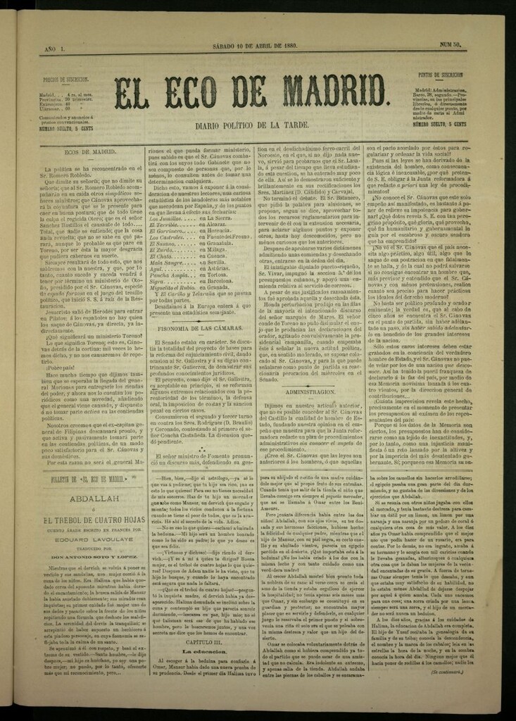 Miniatura de El Eco de Madrid : diario político de la tarde del 10 de abril de 1880, nº 50