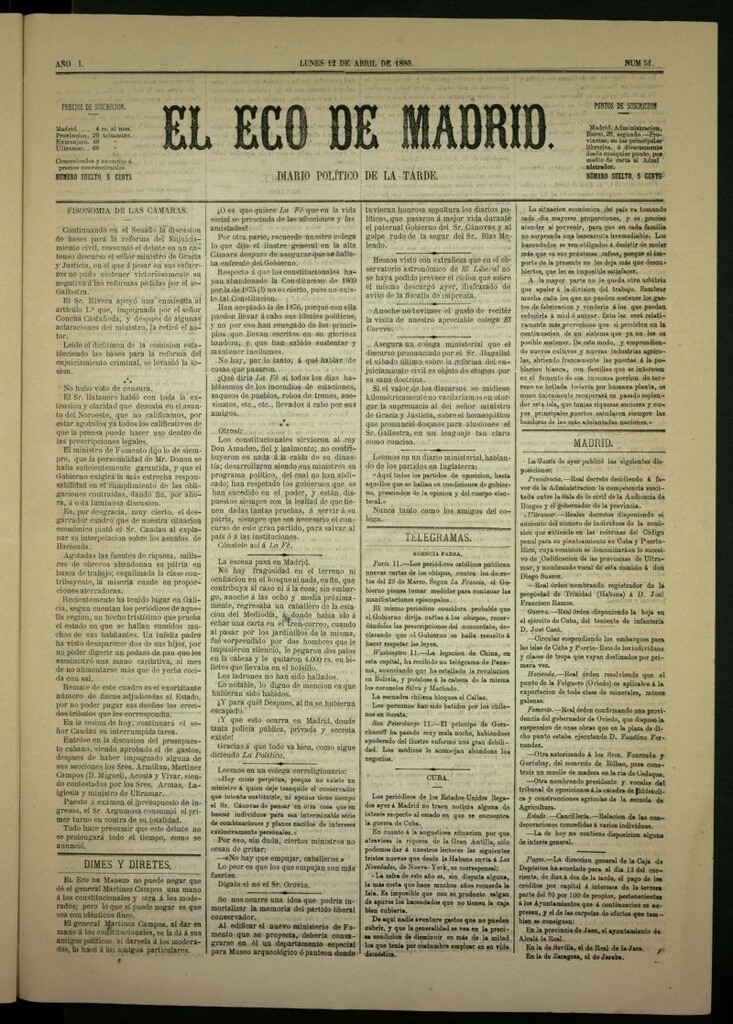 Miniatura de El Eco de Madrid : diario político de la tarde del 12 de abril de 1880, nº 51