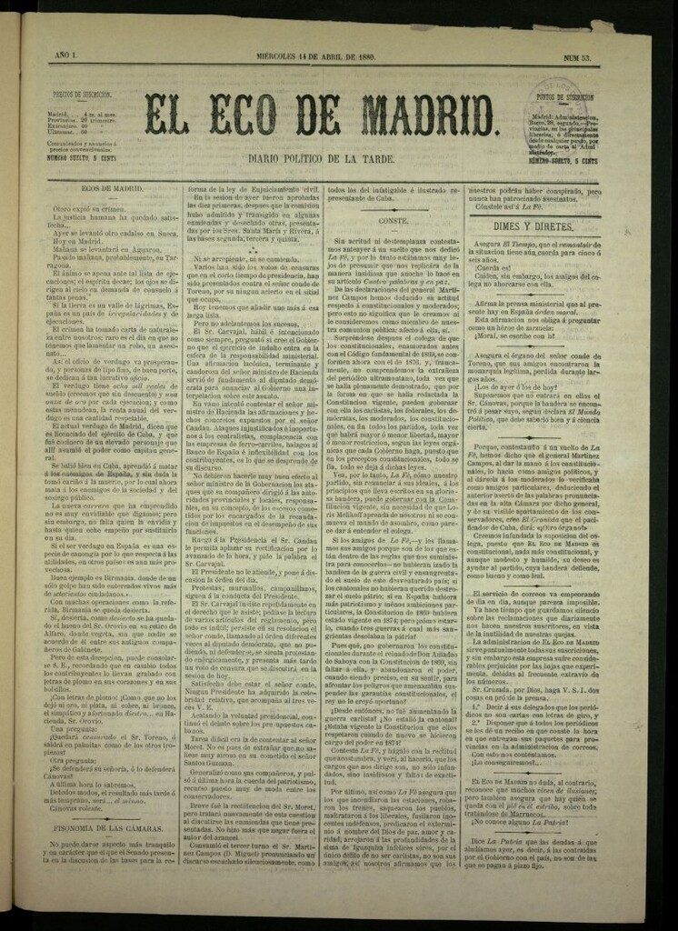 Miniatura de El Eco de Madrid : diario político de la tarde del 14 de abril de 1880, nº 53