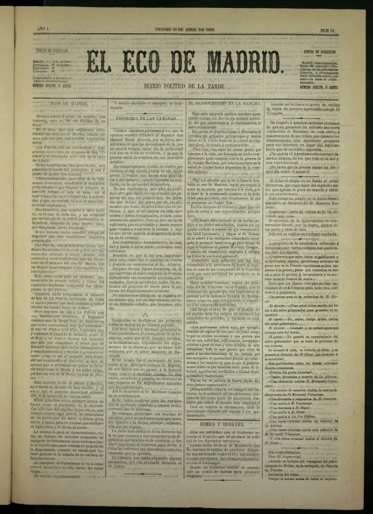 Miniatura de El Eco de Madrid : diario político de la tarde del 16 de abril de 1880, nº 55
