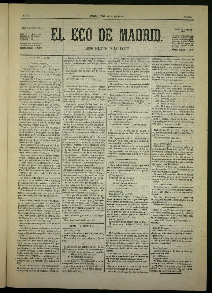 Miniatura de El Eco de Madrid : diario político de la tarde del 17 de abril de 1880, nº 56
