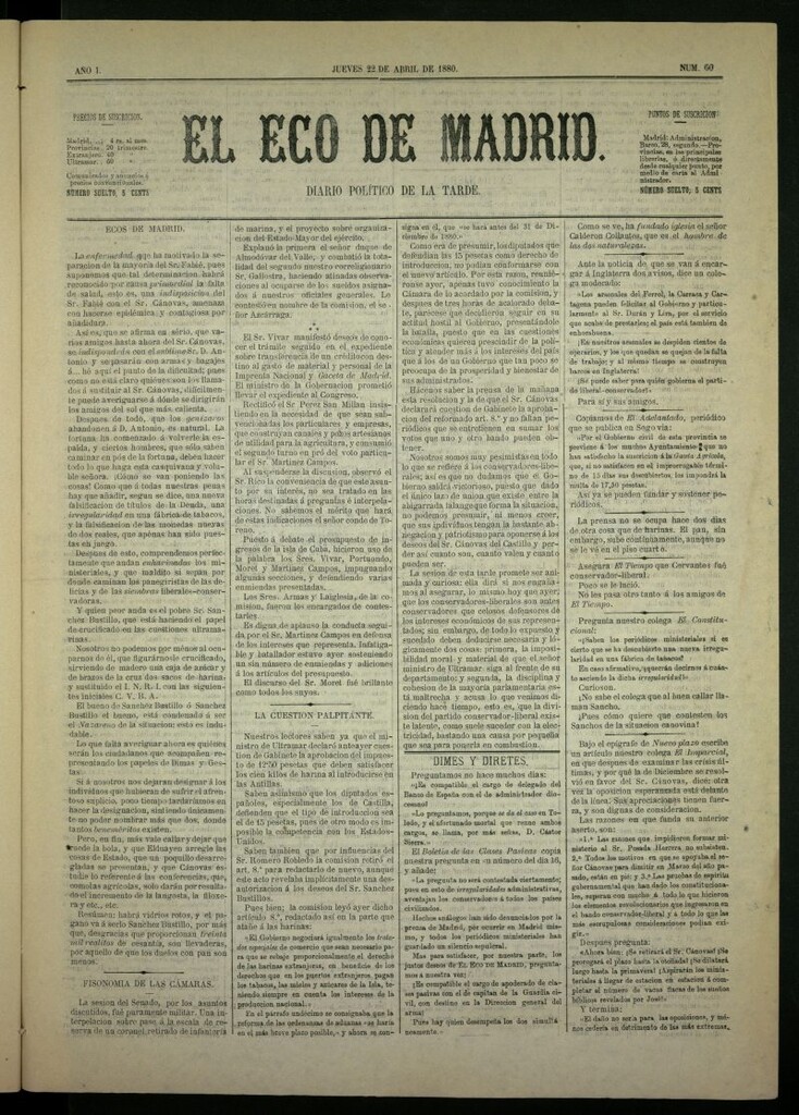 Miniatura de El Eco de Madrid : diario político de la tarde del 22 de abril de 1880, nº 60