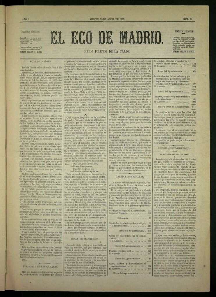 Miniatura de El Eco de Madrid : diario político de la tarde del 23 de abril de 1880, nº 61