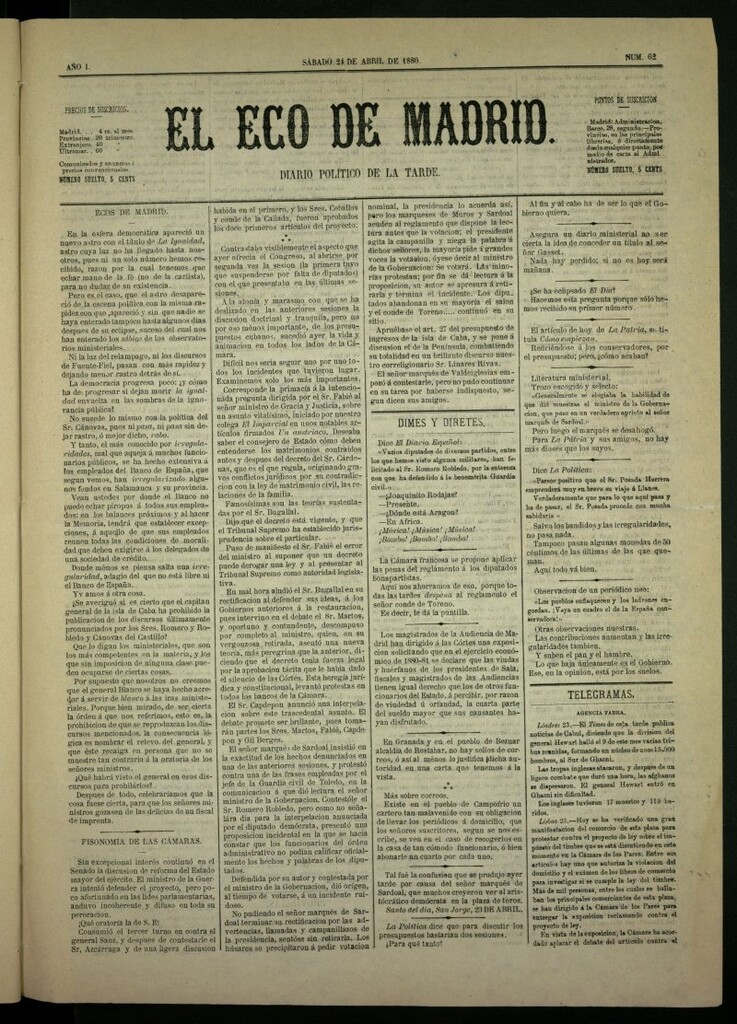 Miniatura de El Eco de Madrid : diario político de la tarde del 24 de abril de 1880, nº 62
