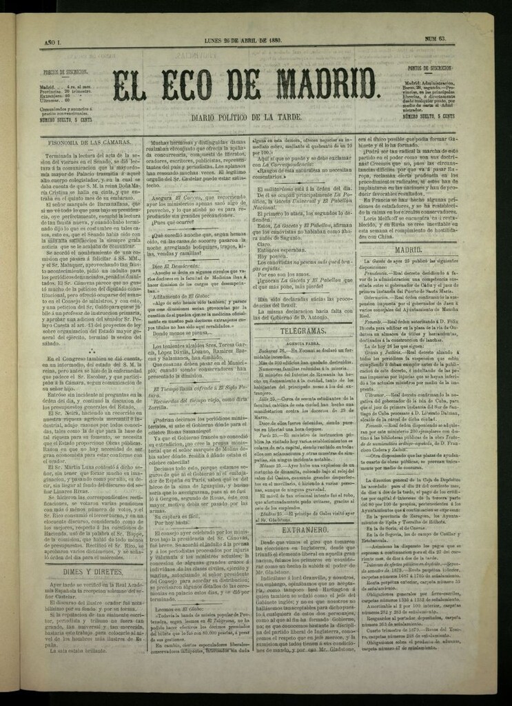 Miniatura de El Eco de Madrid : diario político de la tarde del 26 de abril de 1880, nº 63