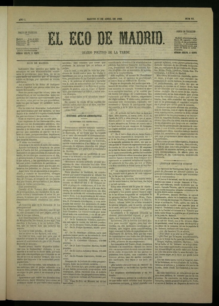 Miniatura de El Eco de Madrid : diario político de la tarde del 27 de abril de 1880, nº 64