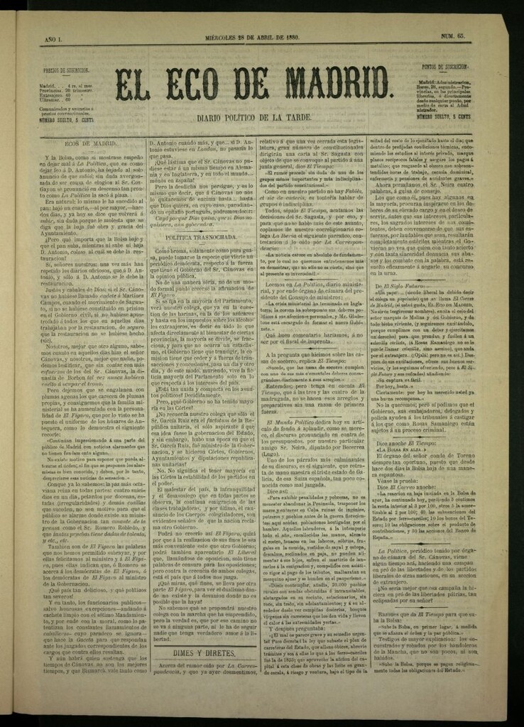 Miniatura de El Eco de Madrid : diario político de la tarde del 28 de abril de 1880, nº 65
