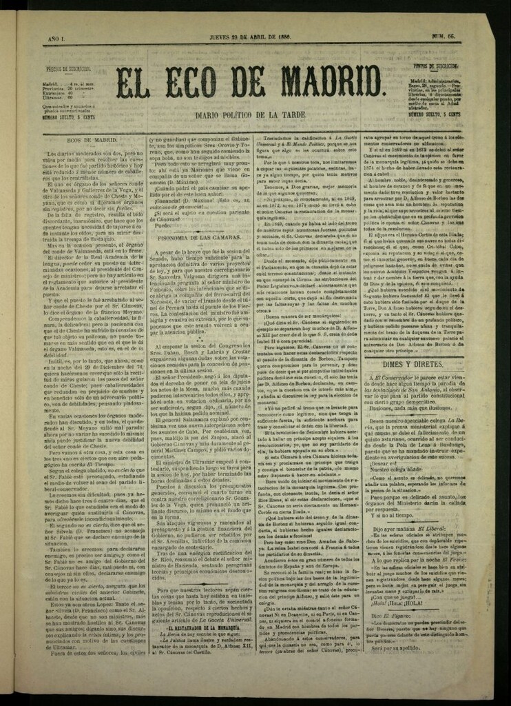 Miniatura de El Eco de Madrid : diario político de la tarde del 29 de abril de 1880, nº 66