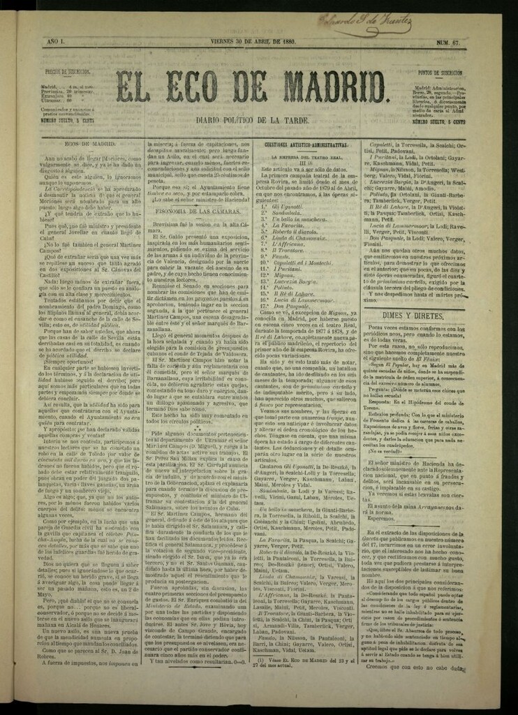 Miniatura de El Eco de Madrid : diario político de la tarde del 30 de abril de 1880, nº 67