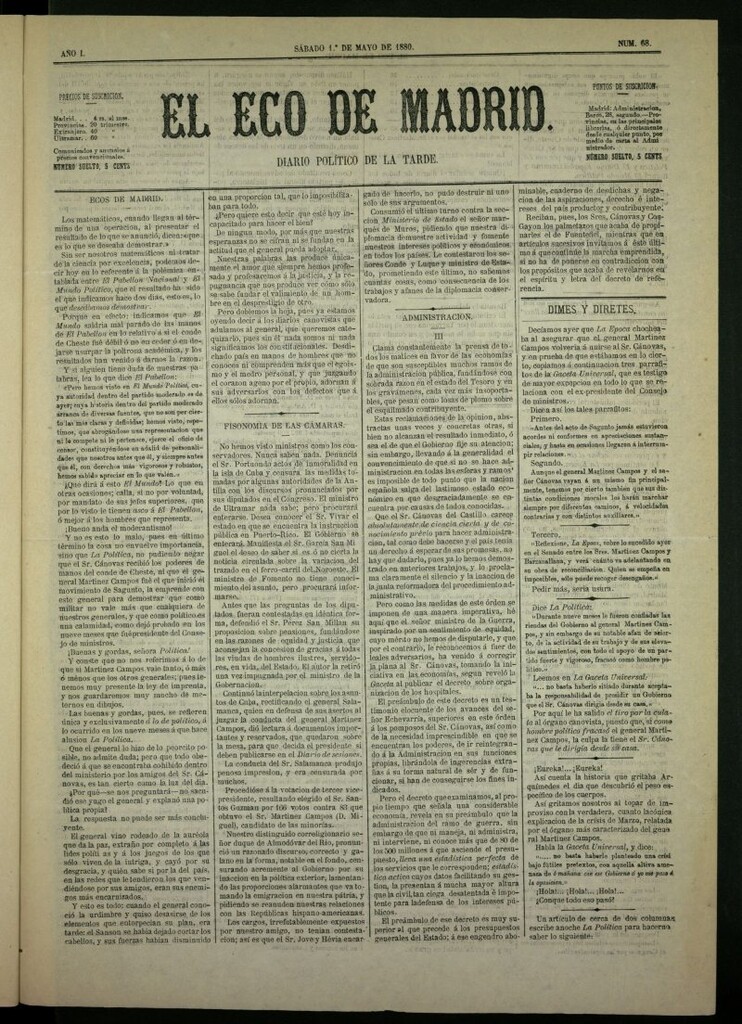 Miniatura de El Eco de Madrid : diario político de la tarde del 1 de mayo de 1880, nº 68