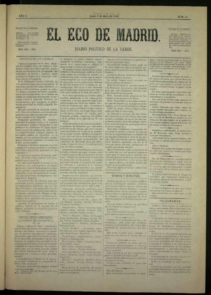 Miniatura de El Eco de Madrid : diario político de la tarde del 3 de mayo de 1880, nº 69